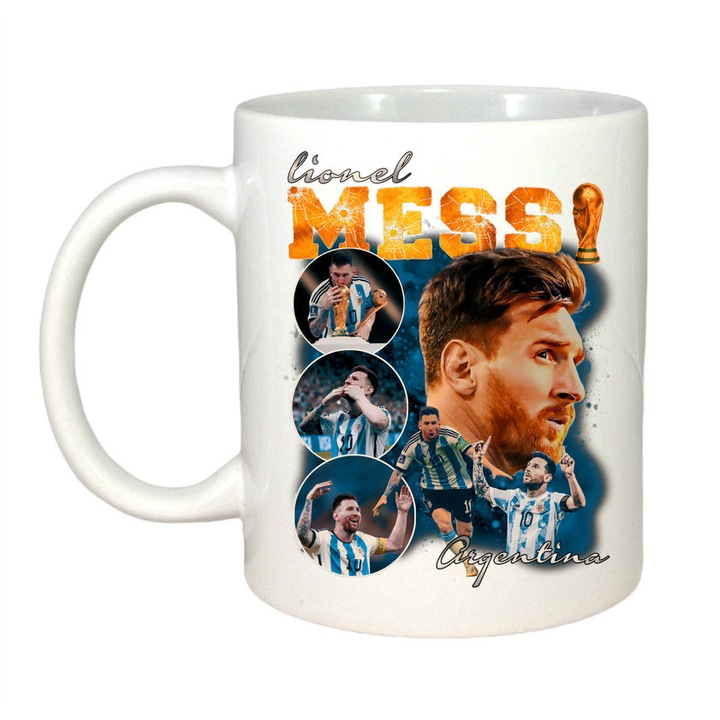 Cana personalizata cu imprimeu Lionel Messi Argentina, Ceramica, 330 ml, Maner si interior Alb