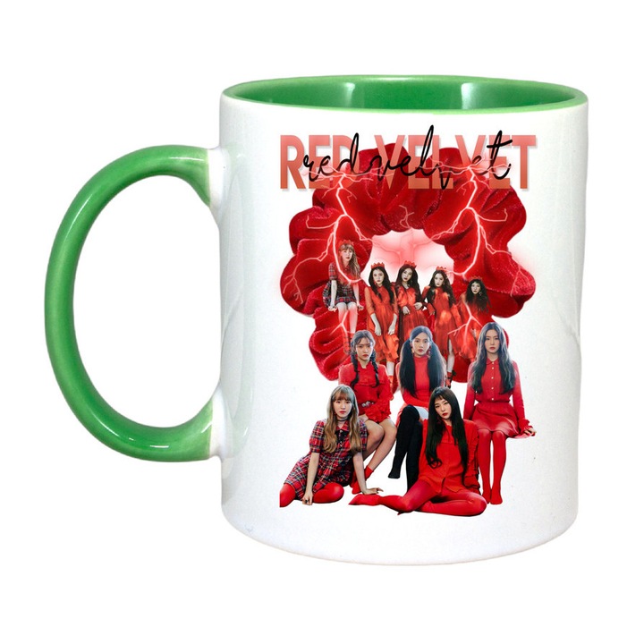 Cana personalizata cu imprimeu Red Velvet, Ceramica, 330 ml, Maner si interior Verde