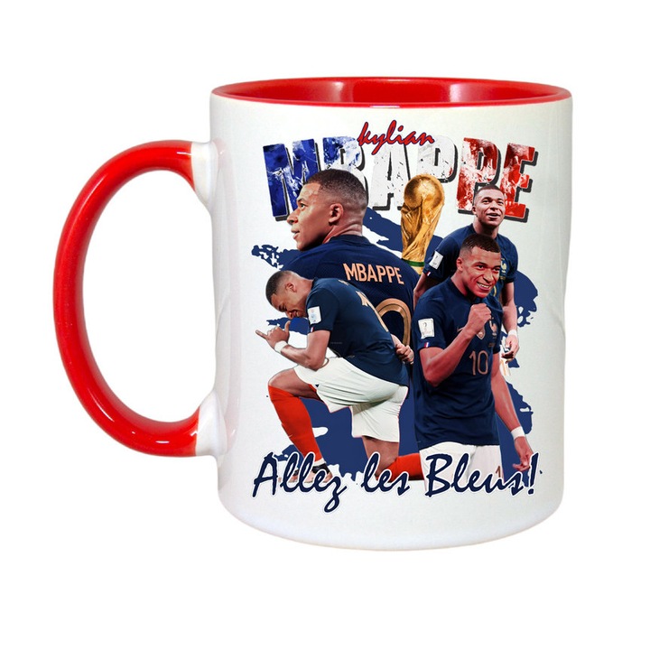 Cana personalizata cu imprimeu Kylian Mbappe, Ceramica, 330 ml, Maner si interior Rosu