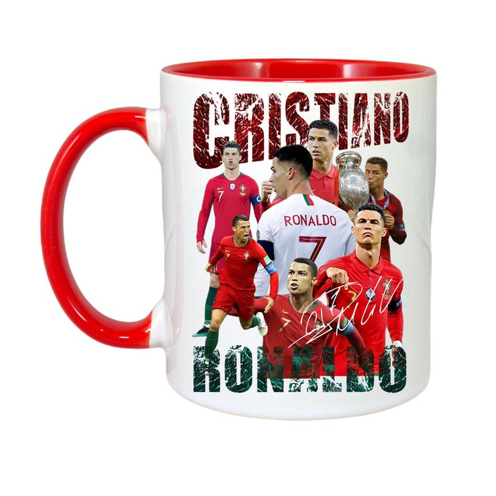 Cana personalizata cu imprimeu Cristiano Ronaldo, Ceramica, 330 ml, Maner si interior Rosu