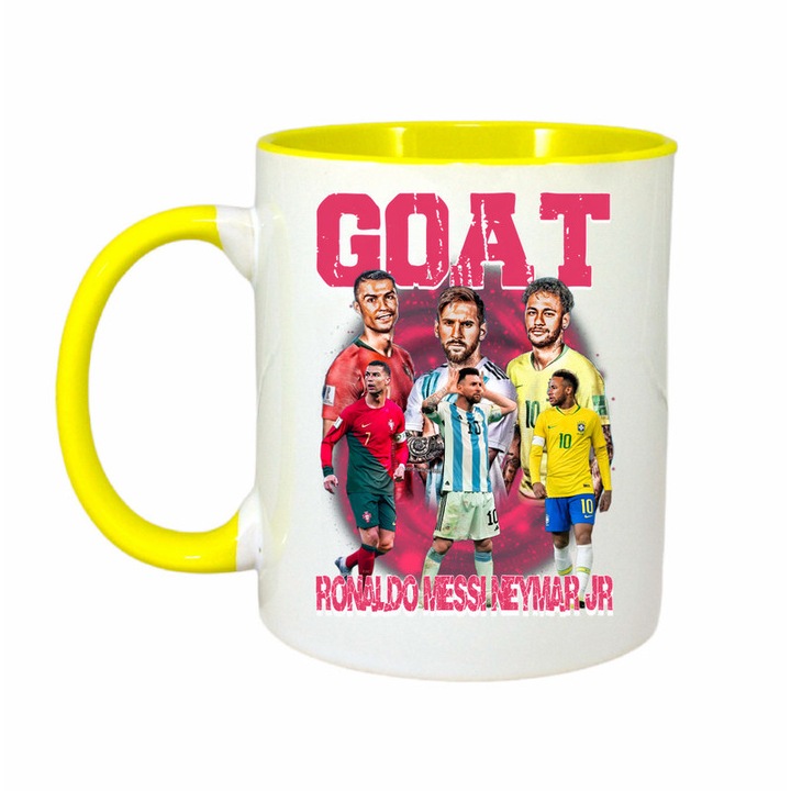 Cana personalizata cu imprimeu GOAT Ronaldo Messi Neymar, Ceramica, 330 ml, Maner si interior Galben
