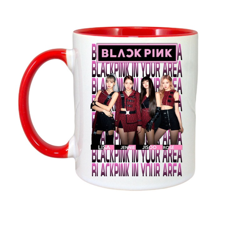 Cana personalizata cu imprimeu Black Pink Ice Cream, Ceramica, 330 ml, Maner si interior Rosu