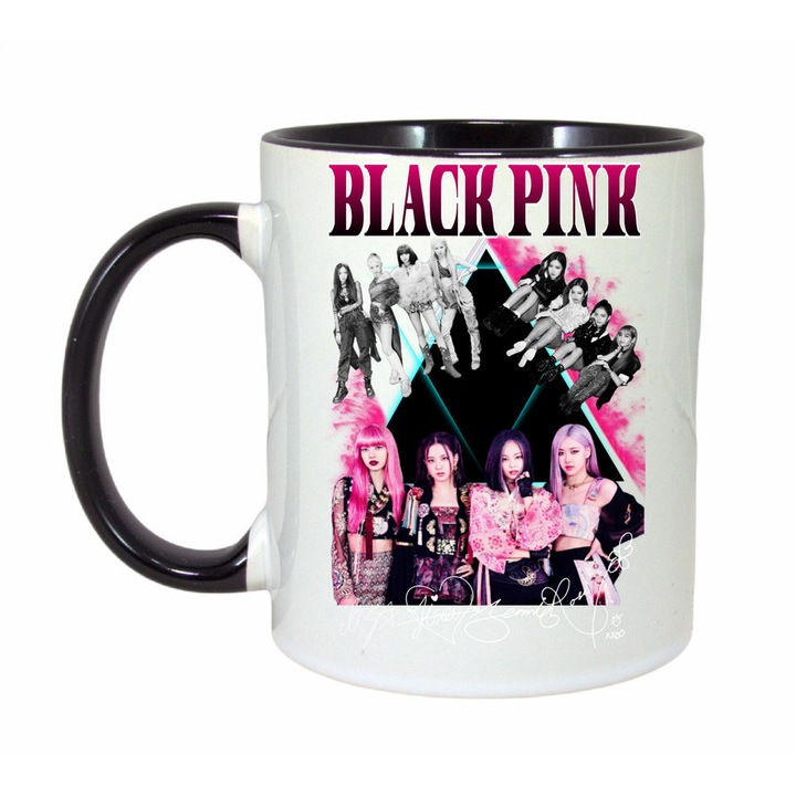 Cana personalizata cu imprimeu Black Pink In Your Area, Ceramica, 330 ml, Maner si interior Negru