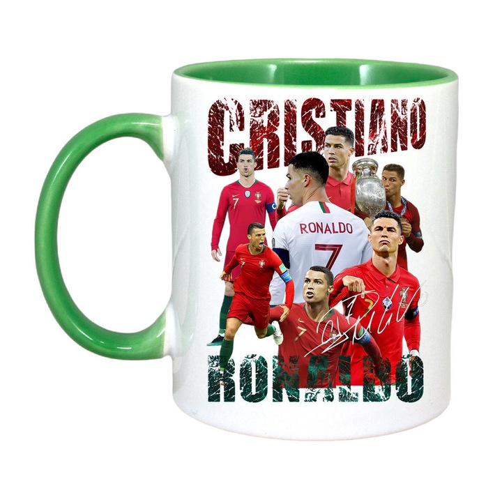 Cana personalizata cu imprimeu Cristiano Ronaldo, Ceramica, 330 ml, Maner si interior Verde