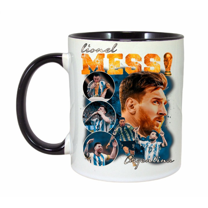 Cana personalizata cu imprimeu Lionel Messi Argentina, Ceramica, 330 ml, Maner si interior Negru