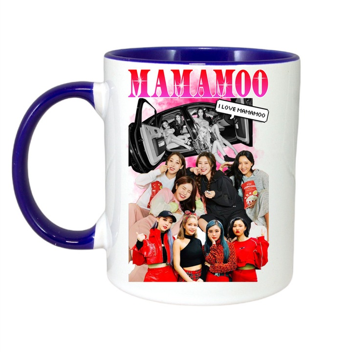 Cana personalizata cu imprimeu I Love Mamamoo, Ceramica, 330 ml, Maner si interior Albastru