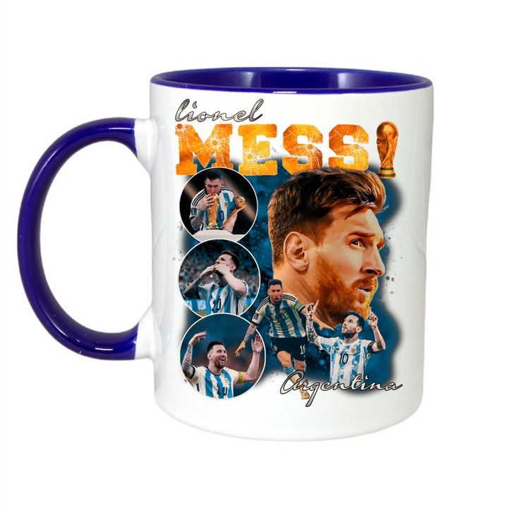 Cana personalizata cu imprimeu Lionel Messi Argentina, Ceramica, 330 ml, Maner si interior Albastru