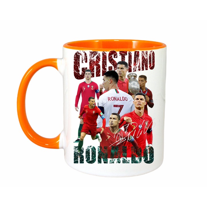 Cana personalizata cu imprimeu Cristiano Ronaldo, Ceramica, 330 ml, Maner si interior Portocaliu
