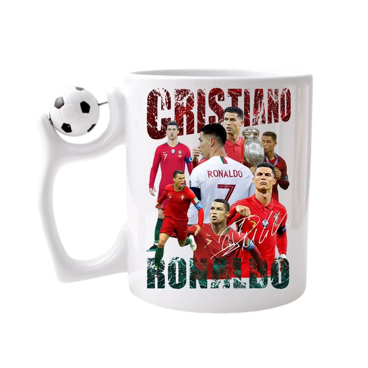 Cana personalizata cu imprimeu Cristiano Ronaldo, Ceramica, 330 ml, Maner cu minge de fotbal
