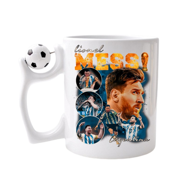 Cana personalizata cu imprimeu Lionel Messi Argentina, Ceramica, 330 ml, Maner cu minge de fotbal