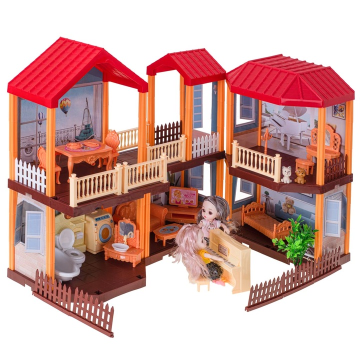 Easy - Babaház piros tető világítás + bútorok és babák