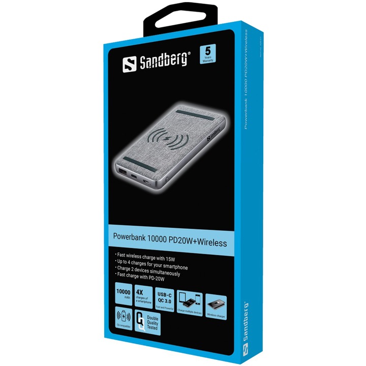 Acumulator extern sandberg 420-61, 10000 mah, pd 20w, incarcare wireless 15w