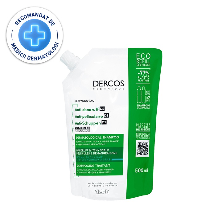 Vichy Dercos Korpásodás elleni sampon, Normál/zsíros hajra, Öko formula, 500ml
