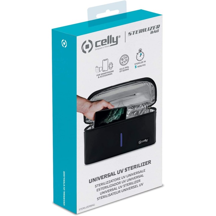 Портативен стерилизатор тип торба Celly, UV-C за предмети, USB 5 V захранване, за телефони, бебешки аксесоари и др