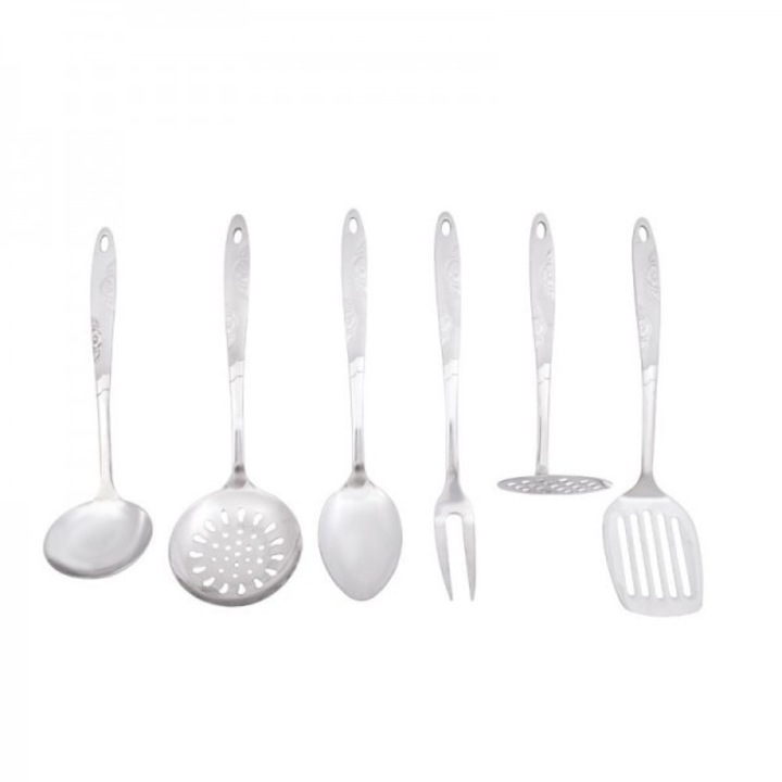 Set ustensile de bucatarie, cu 7 piese, din otel inoxidabil, cu suport inclus, compatibile cu masina de spalat vase, argintiu