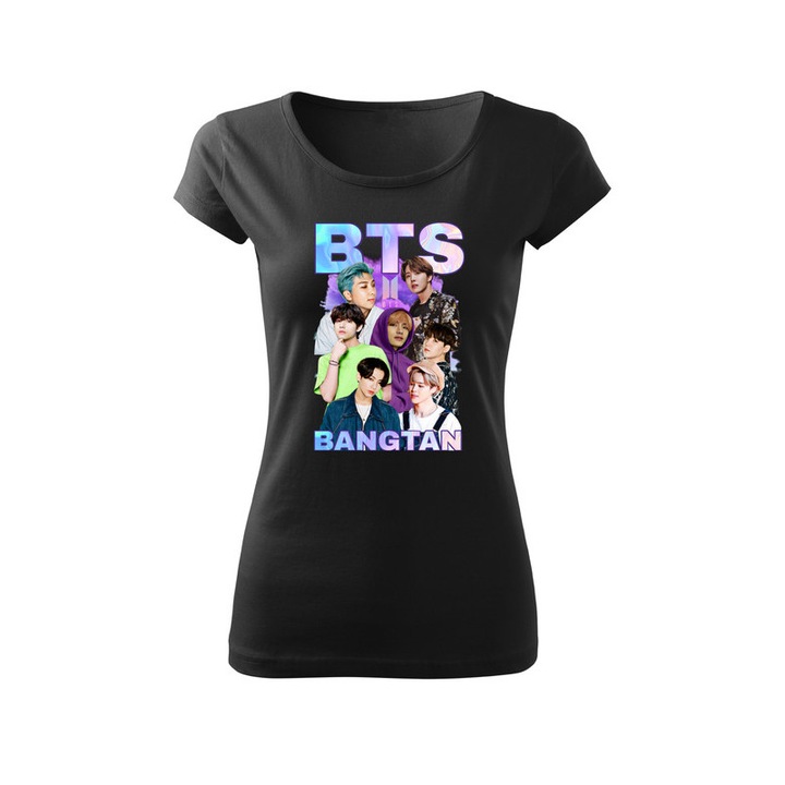 Tricou personalizat cu imprimeu BTS, Pentru Femei, Bumbac, Negru, XS