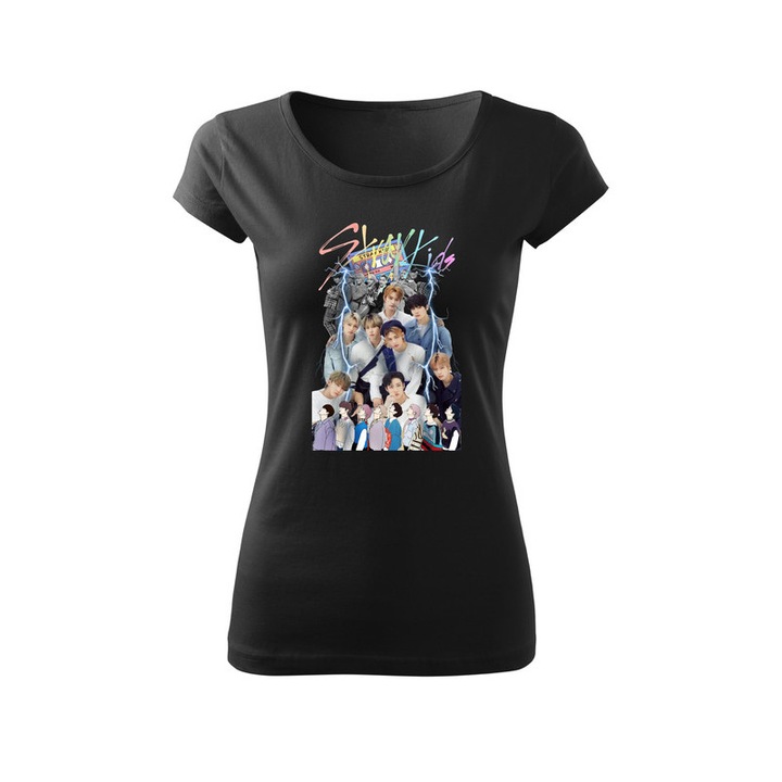 Tricou personalizat cu imprimeu Stray Kids, Pentru Femei, Bumbac, Negru, XS