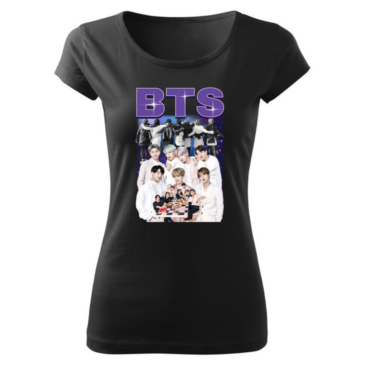 Tricou personalizat cu imprimeu BTS Bangtan, Pentru Femei, Bumbac, Negru, XL