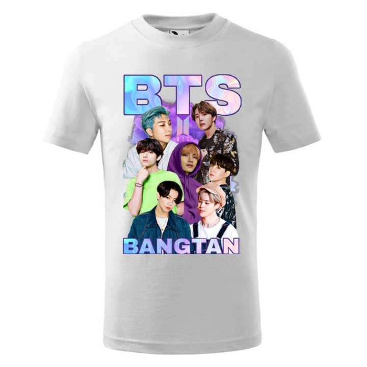 Tricou personalizat cu imprimeu BTS, Pentru Copii, Bumbac, Alb, 8 ani, 134 cm