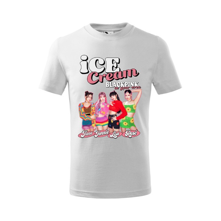 Tricou personalizat cu imprimeu Black Pink, Pentru Copii, Bumbac, Alb, 10 ani, 146 cm