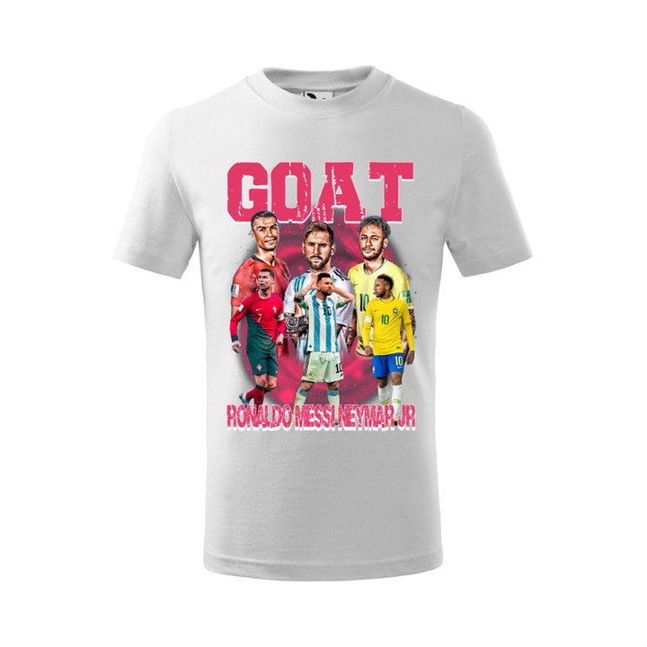 Tricou personalizat cu imprimeu GOAT Ronaldo Messi Neymar, Pentru Copii, Bumbac, Alb, 8 ani, 134 cm