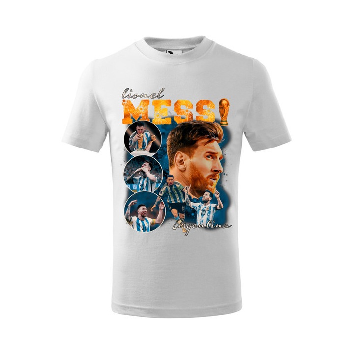 Tricou personalizat cu imprimeu Lionel Messi Argentina, Pentru Copii, Bumbac, Alb, 12 ani, 158 cm