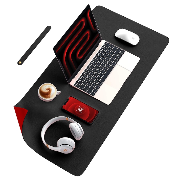 Mousepad gaming XXL cu doua fete din piele pu, impermeabil, pentru protectie birou, Negru/Rosu 80x40