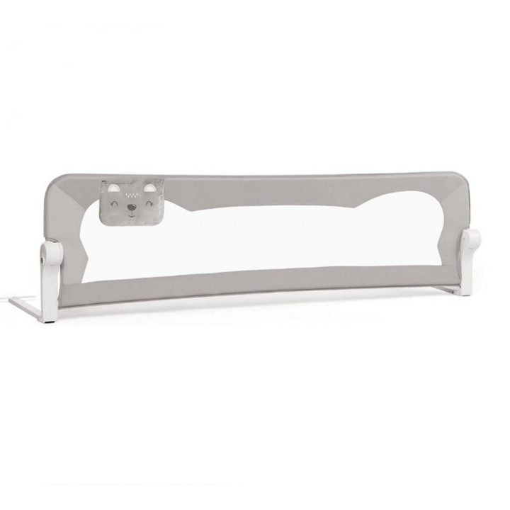 Bariera de Protectie Patut Safe Guard idealSTORE, Dimensiuni 150 x 35 x 42 cm, Include Centuri de Siguranta, Plasa Rezistenta si Aerisita, Sistem de Blocare, Cadru Durabil din Otel, Ajustare la 180 Grade, Grey Edition