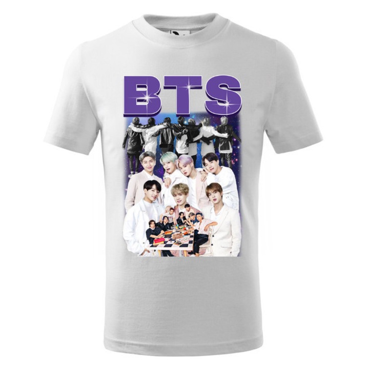 Tricou personalizat cu imprimeu BTS Bangtan, Pentru Copii, Bumbac, Alb, 8 ani, 134 cm