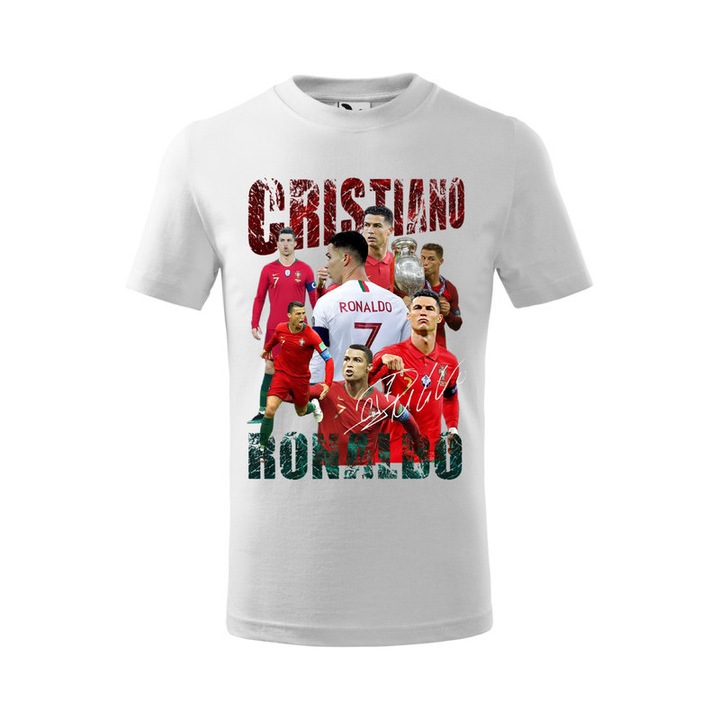 Tricou personalizat cu imprimeu Cristiano Ronaldo, Pentru Copii, Bumbac, Alb, 10 ani, 146 cm