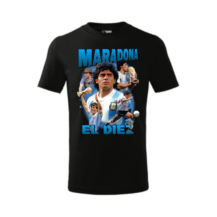 Tricou personalizat cu imprimeu Diego Maradona, Pentru Copii, Bumbac, Negru, 8 ani, 134 cm