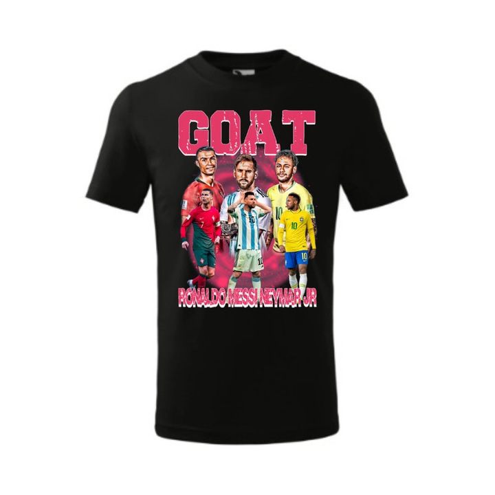 Tricou personalizat cu imprimeu GOAT Ronaldo Messi Neymar, Pentru Copii, Bumbac, Negru, 8 ani, 134 cm