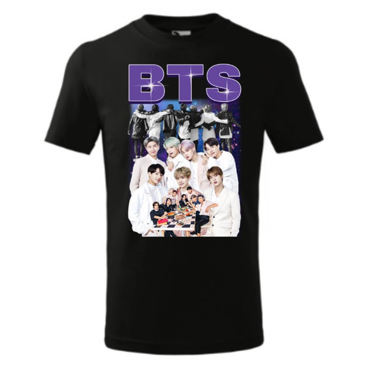 Tricou personalizat cu imprimeu BTS Bangtan, Pentru Copii, Bumbac, Negru, 12 ani, 158 cm