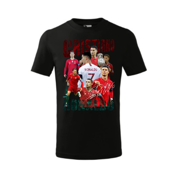 Tricou personalizat cu imprimeu Cristiano Ronaldo, Pentru Copii, Bumbac, Negru, 12 ani, 158 cm