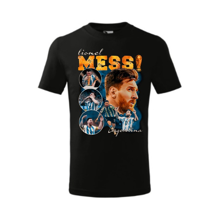 Tricou personalizat cu imprimeu Lionel Messi Argentina, Pentru Copii, Bumbac, Negru, 8 ani, 134 cm