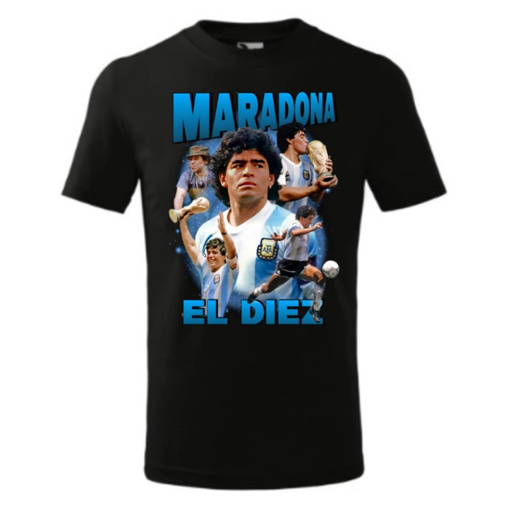 Tricou personalizat cu imprimeu Diego Maradona, Pentru Copii, Bumbac, Negru, 10 ani, 146 cm