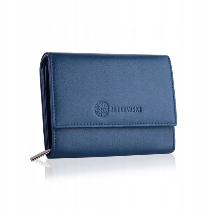 Дамски портфейл, Betlewski, кожа, RFID, 13.5 x 10.5 см, син