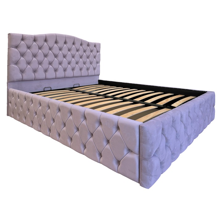 Pat tapitat Gregor Luxury, cu spatiu de depozitare si somiera rabatabila, mov cenusiu, F13, 160x200 cm