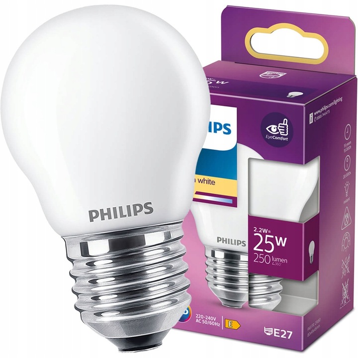 Bec Led, Philips, E27, P45, 2.2W = 25W, 250lm, 2700K, Alb cald