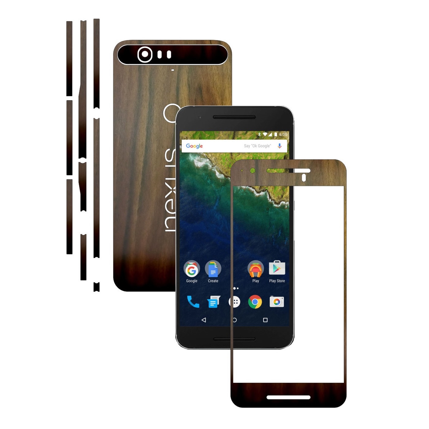 Folie de protectie Carbon Skinz, Husa de tip Skin Adeziv pentru Carcasa, Lemn Nuc Inchis dedicata Huawei Google Nexus 6P