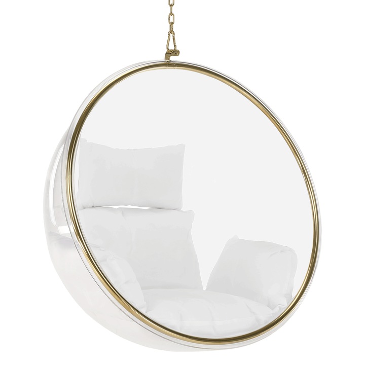 Висящ стол DacEnergy©, уникален и екстравагантен дизайн, акрил, прозрачен, 106 x 62 x 106 см, бяла възглавница