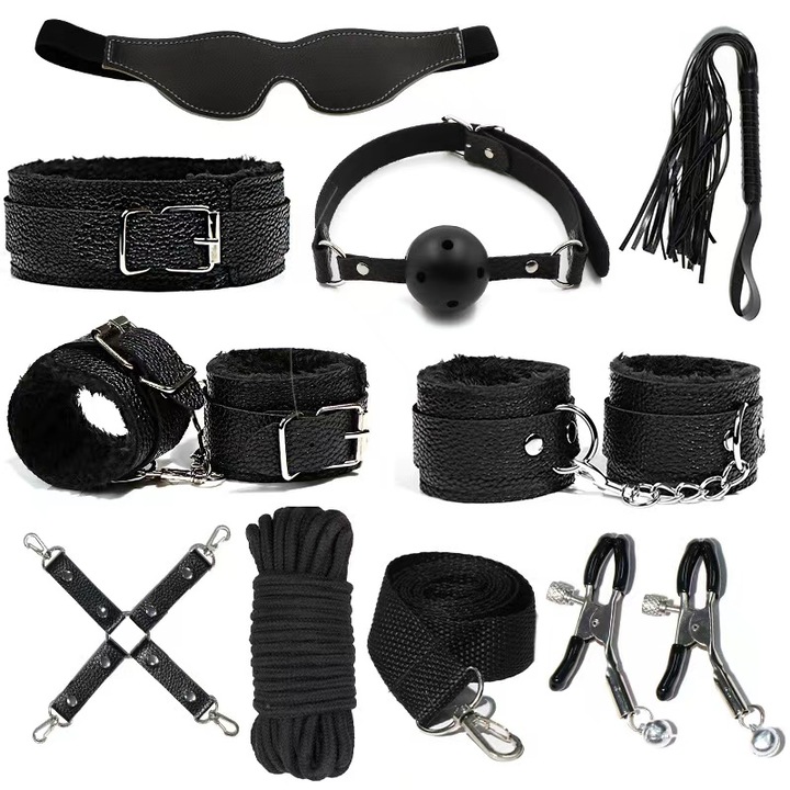 Set 10 jucarii pentru adulti, EJANBO BDSM, Piele ecologica, Negru