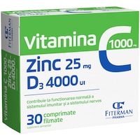 Vitamina C 1000mg + Zinc 25mg + D3 4000UI, 30 comprimate filmate, Fiterman