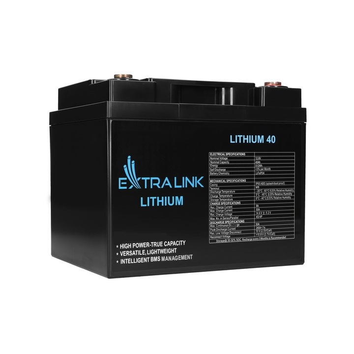 Батерия, Extralink, LiFePO4, 40AH, 12.8V, черна