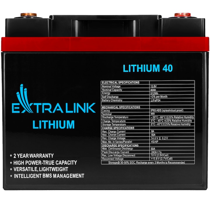 Baterie LiFePO4 pentru UPS, Extralink, 40Ah, 12.8V, BMS, IP65, ABS, M8, Multifunctionala, Negru