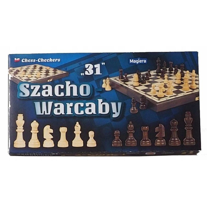 Joc de sah 2 in 1, Magiera, Lemn, Maro/Negru