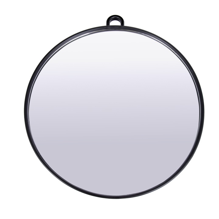 Oglinda profesionala rotunda pentru coafor si frizerie, Ponik's, BLC011, 280 mm, maner ergonomic pe spate si agatatoare, verificare ceafa, negru elegant, sticla de inalta calitate