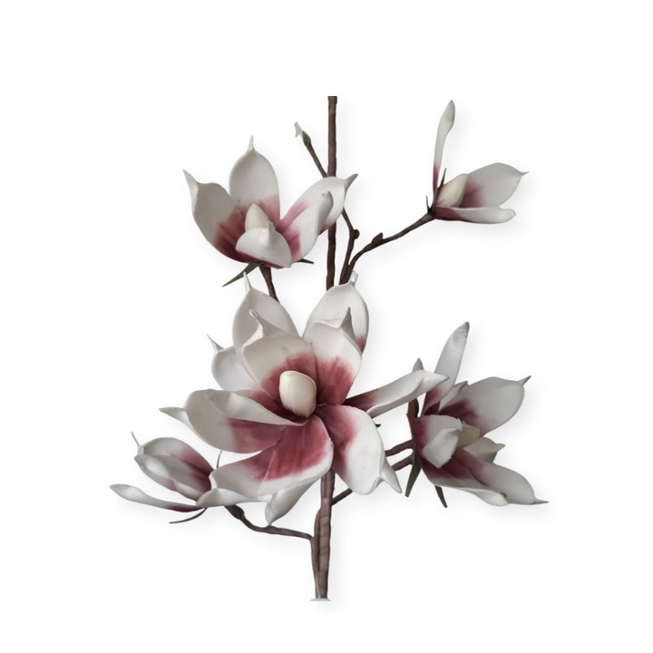 Creanga magnolie 5 flori foam, alb-bordo, L105 cm