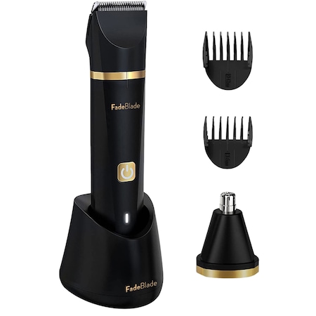 Masina de tuns si aparat de ras FadeBlade® Beard Pro, lame ceramice, profesionala, barba, cap, inghinal, fara fir, ultra silentioasa, 6000 RPM, acumulator 600mAh, trimmer nas inclus, negru