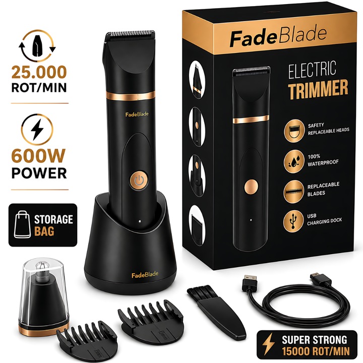 Masina de tuns si aparat de ras FadeBlade® Beard Pro, 15.000 rot/min, lame ceramice, profesionala, barba, cap, inghinal, fara fir, ultra silentioasa, acumulator 600mAh, trimmer nas inclus, negru